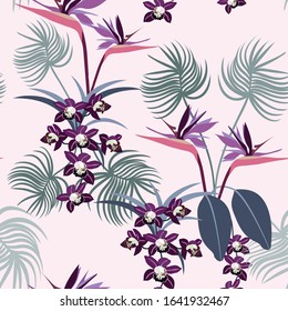 Seamless vector illustration with flowers of orchids and strelitzia on a light background. For decorating textiles, packaging, web design.