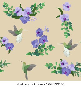 Seamless vector illustration with flowers of orchids and hummingbirds. For decorating textiles, packaging, web design.