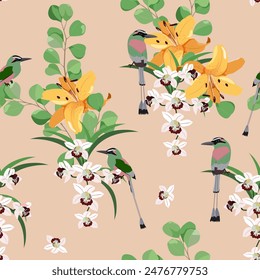 Seamless vector illustration with flowers of orchids, lily and birds For decorating textiles, packaging, wallpaper.