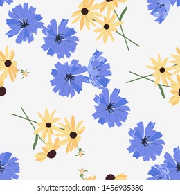 Seamless vector illustration with flowers of rudbeckia and chicory . For decoration of textiles, packaging, wallpaper.