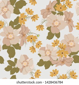 Seamless vector illustration with flowers of wild rose and cosme in pastel colors. For decoration of textiles, packaging, web design.