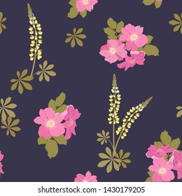 Seamless vector illustration with flowers of wild rose and lupine on a dark background. For decoration of textiles, packaging, web design.
