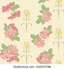 Seamless vector illustration with flowers of wild rose and iris. For decoration of textiles, packaging, web design.