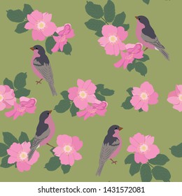 Seamless vector illustration with flowers of wild rose and birds on a green background. For decoration of textiles, packaging, web design.