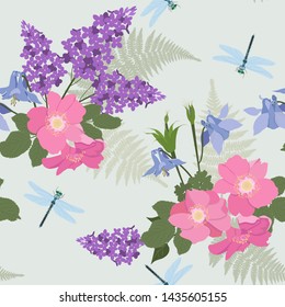 Seamless vector illustration with flowers of wild rose,aquilegia, lilac and dragonflies on a gray background. For decoration of textiles, packaging, web design.