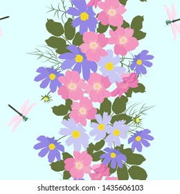 Seamless vector illustration with flowers of wild rose, cosmea and dragonflies on a blue background. For decoration of textiles, packaging, web design. Vertical.
