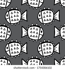 Seamless vector illustration of free hand drawing puffer fish on grey background, pattern for making printing paper work or textile artwork