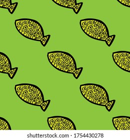 Seamless vector illustration of free hand drawing yellow fish with tribal graphic on green background, pattern for making printing paper work or textile artwork