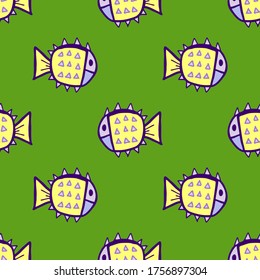 Seamless vector illustration of free hand drawing yellow fish with tribal graphic on green background, pattern for making printing paper work or textile artwork