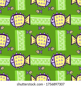 Seamless vector illustration of free hand drawing yellow fish with tribal graphic on green background, pattern for making printing paper work or textile artwork