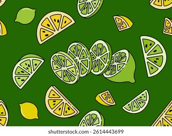Seamless Vector Illustration of Fresh Lime Slices Perfect for Making Homemade Summer Lemonade. Can Be Used as Background, Banner, Print, Textile, Fashion, and Food Packaging Design