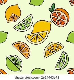 Seamless Vector Illustration of Fresh Yellow Lime or Lemon Slices for Hydrating and Cooling Lemonade. Can Be Used as Background, Banner, Print, Textile, Fashion, and Food Packaging Design