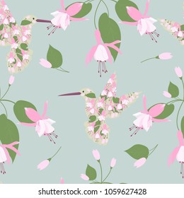 Seamless vector illustration with fuchsia flowers and stylized calibri birds in pastel colors. For decorating textiles. packaging and wallpaper.