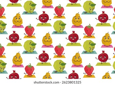 Seamless vector illustration with fun colorful fruits and vegetables doing yoga. Bright colors and playful design. Fun hand drawn yoga activities.