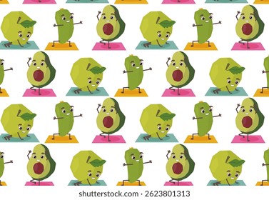 Seamless vector illustration with fun green fruits and vegetables doing yoga. Bright colors and playful design. Fun hand drawn yoga activities.