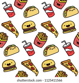Seamless vector illustration of a funny cartoon fast food. The pattern is cute food.
