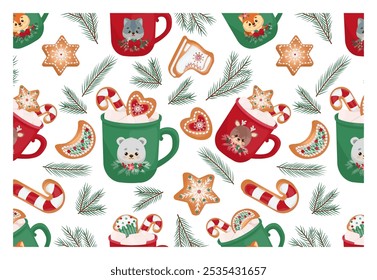 Ilustração de vetor sem costura com copo engraçado com delicioso cacau aromático com marshmallows e biscoitos de Natal crocantes, ramos de abeto. Ilustração vetorial para têxteis, papel de embrulho, cartazes