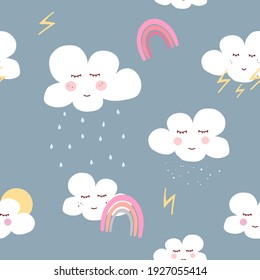 Seamless vector illustration with funny cute little cartoon clouds with different weather signs over blue background. 