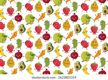 Seamless vector illustration with funny fruits and vegetables, apple, pear, pepper, avocado, doing yoga. Bright colors and playful design. Funny hand drawn yoga activities.
