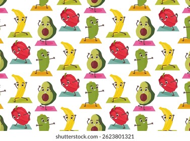 Seamless vector illustration with funny fruits and vegetables, banana, cucumber, pepper doing yoga. Bright colors and playful design. Funny hand drawn yoga activities.