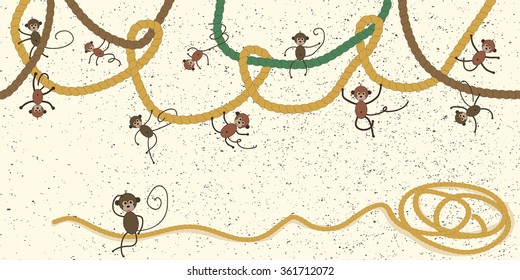 Seamless vector illustration funny monkey climb  tangled ropes/ Monkey and rope/Funny monkey climb ropes tangled