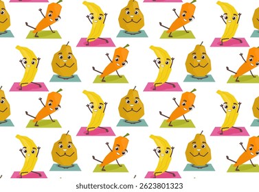 Seamless vector illustration with funny yellow fruits and vegetables doing yoga. Bright colors and playful design. Funny hand drawn yoga activities.