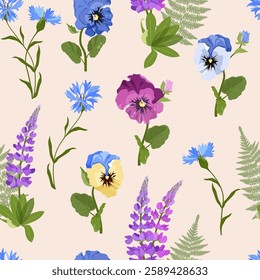 Seamless vector illustration with garden lupines, pansies and cornflowers on a beige background. For decorating textiles, packaging.