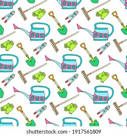 Seamless vector illustration with garden tools on a white background. The drawing is drawn by hand.