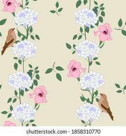 Seamless vector illustration with gentle hydrangea, irises and birds on beige background. Vertical. For decorating textiles, packaging, wallpaper.