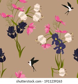 Seamless vector illustration with gentle kosmea, lily, iris and swallows in a beige background. For textile decoration, packaging, web design.