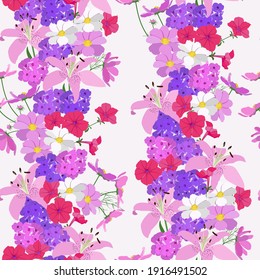 Seamless vector illustration with gentle kosmea flowers, petunia, lily in a white background. For textile decoration, packaging, web design.