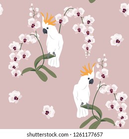 Seamless vector illustration with gentle orchids and parrots on a pink background. For decoration of textiles, packaging, wallpaper, web design.
