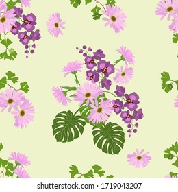 Ilustración vectorial sin inconvenientes con orquídeas suaves y gerberas en el fondo de la luz. Para decorar textiles, embalajes, diseño web.