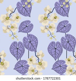 Seamless vector illustration with gentle orchids and beautiful tropical leaves. For decorating textiles, packaging, web design.