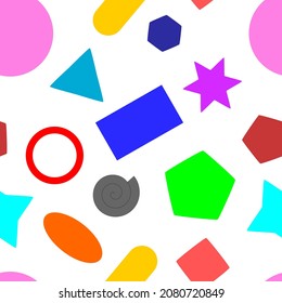 Seamless vector illustration of geometric shapes with various colors and patterns on white background.