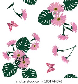 Seamless vector illustration with gerbera, monstera leaves and butterflies on a white background. For decoration of textiles, packaging and web design.