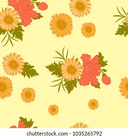 Seamless vector illustration with gerbera and peony flowers on a yellow background. For decorating textiles, packaging and wallpaper.