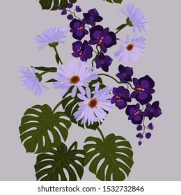 Seamless vector illustration with gerberas and gentle orchids. For textile decoration, packaging, web design.