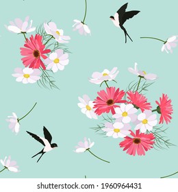 Seamless vector illustration with gerberas,kosmea and swallows on a turquoise background. For decoration of textiles, packaging, wallpaper.