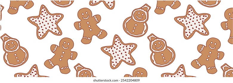 Ilustração de vetor sem costura com boneco de neve de gengibre, homem, estrela. Biscoitos de gengibre com esmalte. Fundo para design de cartão postal, embrulho de presente, pacote, álbum de fotos, site, têxtil, roupa de cama.