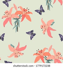 Seamless vector illustration with gladiolus and butterflies on a light gray background. For decoration of textiles, packaging, wallpaper, web design.