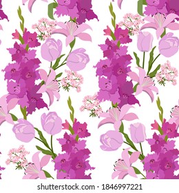 Nahtlose Vektorgrafik mit Gladiolus, Lilie und Tulpen auf weißem Hintergrund. Für die Dekoration von Textilien, Verpackungen, Tapeten.
