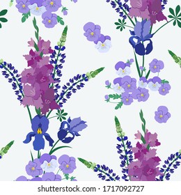 Seamless vector illustration with gladiolus, lupine, iris and pansies on a white background. For decoration of textiles, packaging, web design.