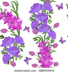 Seamless vector illustration with gladiolus,peony,tulips and butterflies on white background. For decoration of textiles, packaging, wallpaper.