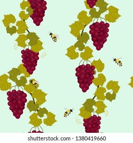 Seamless vector illustration with grapes and bees. For decorating textiles, packaging, wallpaper.