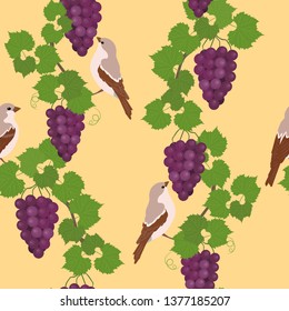 Seamless vector illustration with grapes and birds on a yellow background. For decorating textiles, packaging, wallpaper.