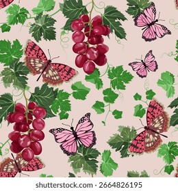 Ilustración vectorial sin fisuras con ramas de uvas y mariposas. Para la decoración de textiles, embalaje, Fondo de pantalla.