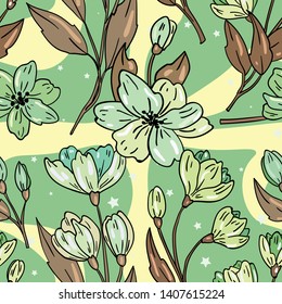 Seamless vector illustration with green flowers on green colorful background. Good for printing. Wallpaper, fabric and textile design. Wrapping paper pattern. Spring bouquet illustration.