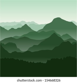 Seamless vector illustration. Green mountains in the fog.