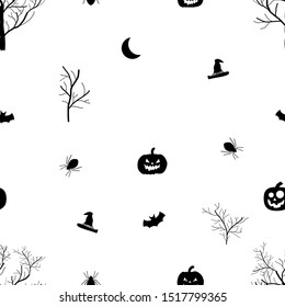 Seamless vector illustration of Halloween elements on a white background.